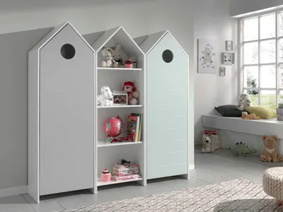 Image de CASAMI Set 3 pcs. composé de : Armoire à 1 porte avec façade en menthe, armoire à étagères, armoire à 1 porte avec façade en gris