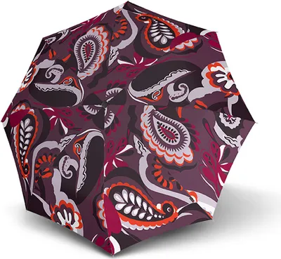 A closed umbrella with a paisley pattern.
