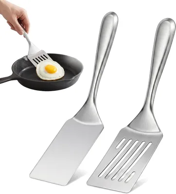 Imagen del producto de 2 espátulas de acero inoxidable, espátulas para parrilla, espátulas ranuradas, aptas para lavavajillas, ideales para crepes, huevos y carne