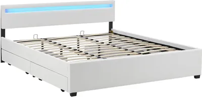 Produktbild von Juskys Polsterbett Lyon 180 x 200 cm weiß – Bettgestell mit Lattenrost, Bettkasten & LED Beleuchtung  – Kunstleder & Holz – Bett Doppelbett