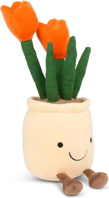 A plush toy of a potted plant with orange tulips.
