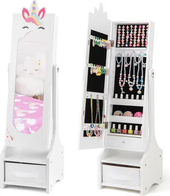 Produktbild von DREAMADE Kinder Schmuckschrank, freistehender Ganzkörperspiegel mit 2 Neigungswinkeln & großem Stauraum, Schmuck-Organizer, Weiß