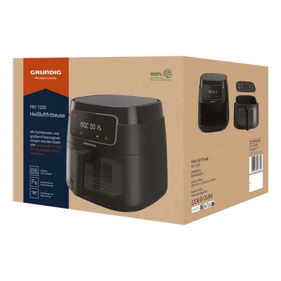 The image shows the retail packaging of a Grundig hot air fryer.