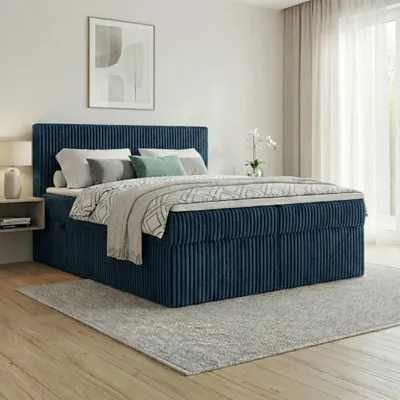 Produktbild von Boxspringbett RALF 180 x 200 cm mit Bettkasten, Topper und gepolstertem Kopfteil. Farbe: Blau, Härtegraden: H2 , Topper: T25-Topper
