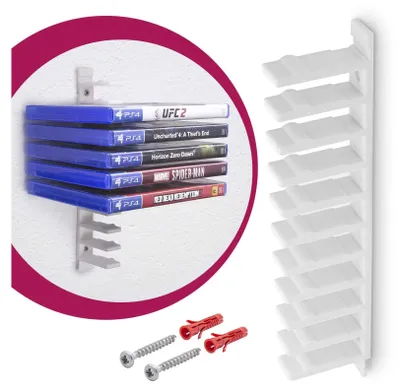 A white wall-mounted game disc holder with several PS4 game cases stacked on it, along with screws and wall plugs.