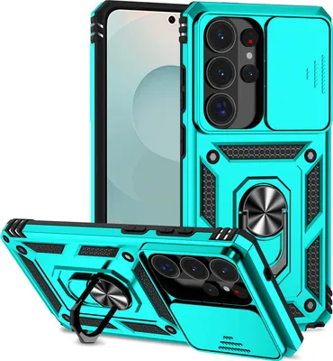 Immagine prodotto di Custodia per Samsung Galaxy S26 Ultra custodia a doppio strato con copertura scorrevole per fotocamera e supporto ad anello verde menta