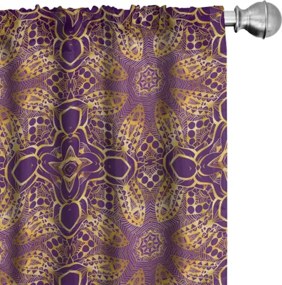 Zdjęcie produktu dla ABAKUHAUS fioletowe zasłony Mandala, firanki, motyw bohemy, styl plemienny, wzór etniczny, symbol wszechświata, 2 sztuki 75 x 245 cm, fioletowo-żółte