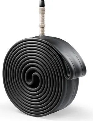 A coiled bicycle inner tube with a valve stem.