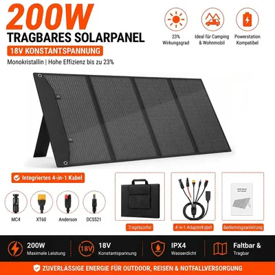 Produktbild von 200W Solarpanel Faltbar 18V Monokristallin, Tragbares Solarmodul für Powerstation, Camping, Wohnmobil & Boot, mit MC4 4-in-1 Kabel