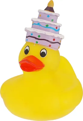 Produktbild von Badeente Geburtstag H8cm PVC gelb bunt Ente Schnabel Badespielzeug Quietscheente Torte Geburtstagskuchen Kerze Badewanne