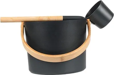Produktbild von Famanu Saunakübel 7 Liter - Aluminium mit Holzgriff und Schöpfkelle, schwarz