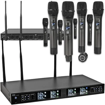 Immagine prodotto di DNA RV-8: kit wireless composto da 8 microfoni palmari alimentati a batteria, ricevitore UHF con frequenze da 610 a 690 MHz e 8 canali per ogni microfono (8x40 canali totali)