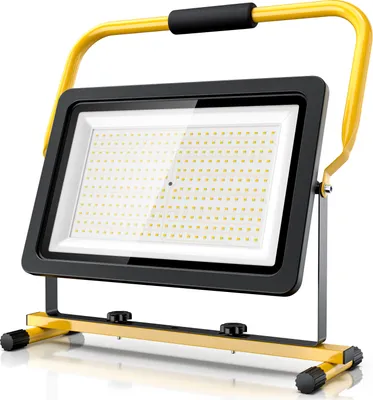 A bright LED work light with a yellow stand and handle, shown on a white background.