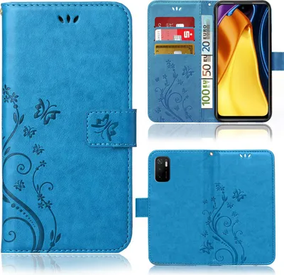 Produktbild von Handy Tasche für Xiaomi Poco M3 Pro / Redmi Note 10 5G Schutz Hülle Handyhülle mit Blumenmuster Klapp Hülle mit Standfunktion und Kartenfächer Blau