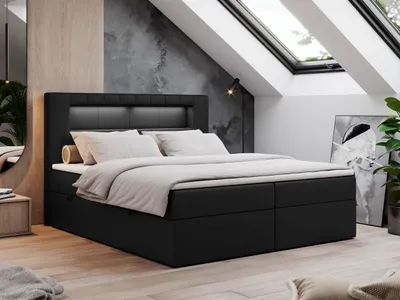 Produktbild von Boxspringbett 180x200 mit Led, Polsterbett mit LED Kopfteil - Multipocket-Matratze - Doppelbett - GOLD-5 - 180x200 - Schwarz - Kunstleder - H3