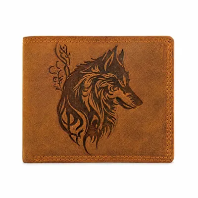 Produktbild von Portemonnaie Büffelleder – RFID-Schutz, Wolf-Motiv, Braun, Querformat, KI-generiertes Bild