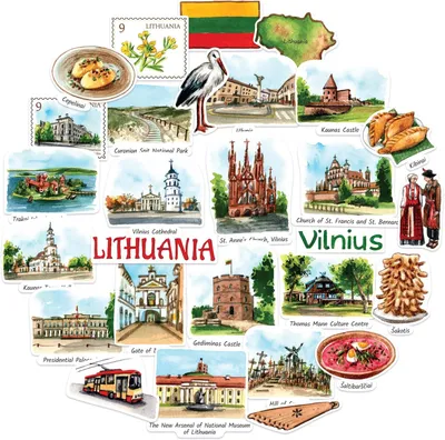 Zdjęcie produktu dla Zestaw naklejek podróżniczych "Litwa", 28 motywów ręcznie rysowanych, idealne do scrapbookingu