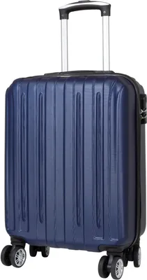 A blue rolling suitcase with a telescopic handle and four wheels, shown from a three-quarter front view against a white background.