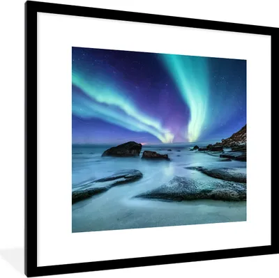 Produktbild von MuchoWow® MuchoWow® Gerahmtes Poster Nordlichter - Landschaft - Lofoten 40x40 cm - Poster mit zchwarzem Bilderrahmen - Poster - Plakat im Rahmen