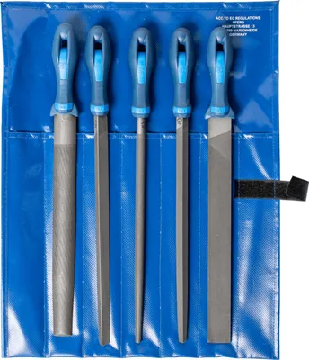 Obrázek produktu pro PFERD 11800552, Sada pilníků, Ploché složky, Půlkulatý pilník, Kulatý pilník, Čtyřhranný pilník, Trojhranný pilník, Hliník, Mosaz, Litina, Litá ocel, Měď, Ocel, Zinek, Modrá, 300 mm, Německo