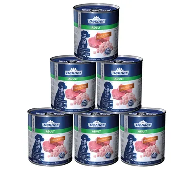 Immagine prodotto di Cibo per cani Dehner Premium, cibo umido senza cereali, per cani adulti, manzo / tacchino, 6 lattine da 800 g (4,8 kg)