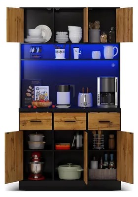 Immagine prodotto di Mobile buffet multifunzionale con illuminazione a LED e prese di corrente, colore naturale e nero, 180 cm