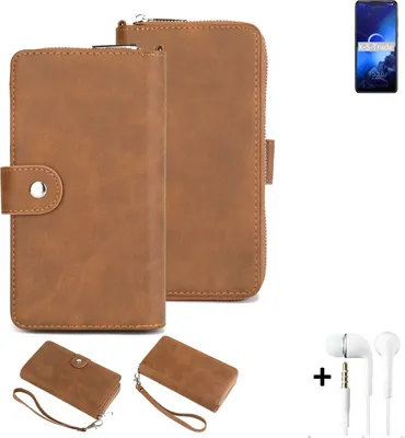 Produktbild von K-S-Trade Handy Schutz Hülle kompatibel mit Alcatel 3X (2019) + Kopfhörer Portemonnee Tasche Wallet-Case Bookstyle-Etui braun (1x)