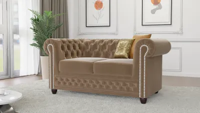 Produktbild von S-STYLE MÖBEL - Nox - Chesterfield 2 sitzer Sofa mit Schlaffunktion aus Beige Samt-Stoff mit Holzfüßen, B/T/H: 148 cm / 86 cm / 72 cm