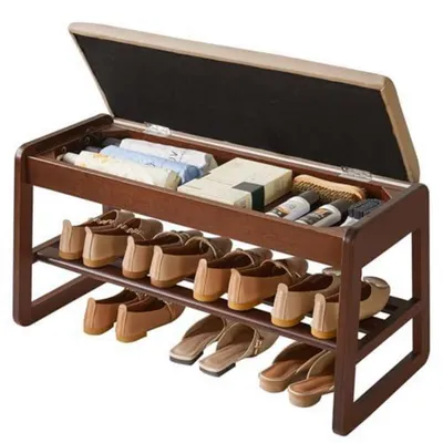 Produktbild von Schuhbank Massivholz 2-stöckig mit Stauraum 80 cm Walnussfarbe