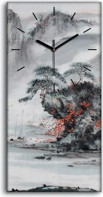 Produktbild von Wohnzimmer-Bild Leinwand Uhr Quarz 30x60 Chinesische traditionelle Berg Baum - schwarze Hände