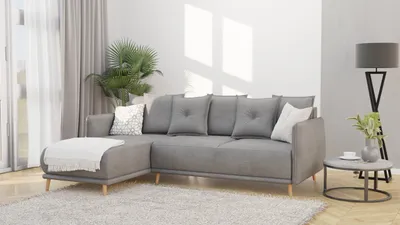 Produktbild von S-STYLE MÖBEL - Radiant - Ecksofa mit Schlaffunktion und Bettkasten in scandinavischem Design mit Holzfüßen aus Grau Luxusmicrofaser - Ottomane links