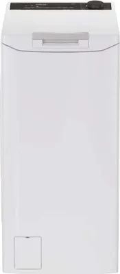 A front view of a white washing machine against a white background.