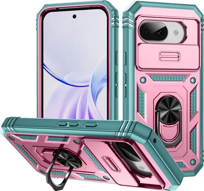 Obrázek produktu pro Pouzdro pro Google Pixel 9A posuvná ochrana kamery, robustní nárazuvzdorné, s držákem prstenu, stojánkem a držákem na karty zelené Růžový