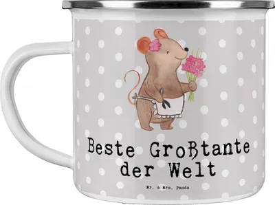 Produktbild von Mr. & Mrs. Panda Teetasse Maus Beste Großtante der Welt - Grau Pastell - Geschenk, Emaille Tasse, Becher, Geschenkidee, Tante, Pott, Neffe, Blechtasse, Nichte, Familie