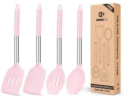 Obrázok produktu pre Sada štyroch silikónových kuchynských pomôcok s nepriľnavým povrchom, odolných voči teplu a bez obsahu BPA. Farby: ružová/modrá