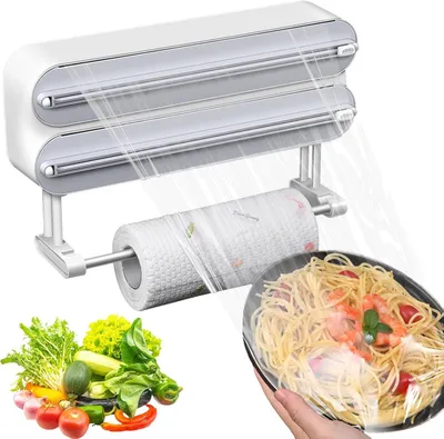 Produktbild von Wandmontierter Rollenhalter, Aluminiumfolien- und Frischhaltefolienspender, 3-in-1 magnetischer Frischhaltefolienspender und Folienschneider für Küche und Kühlschrank.