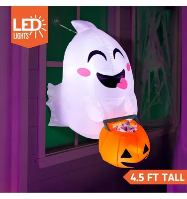 Image de Fantôme gonflable pour Halloween - Décoration pour fenêtres et jardin - Hauteur : 1,37 m - Fabriqué en nylon - Livré avec un panier à bonbons - Pour une utilisation en extérieur