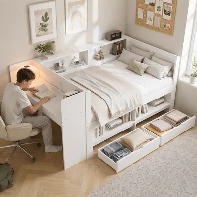 Zdjęcie produktu dla Łóżko wielofunkcyjne 120 x 200 cm z wbudowanym biurkiem, szafką, 2 szufladami i otwartymi półkami, z częściowo otaczającą ramą, białe