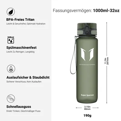 Produktbild von Trinkflasche 1000ml Tritan BPA-frei Super Sparrow Sportflasche Wasser Fahrrad