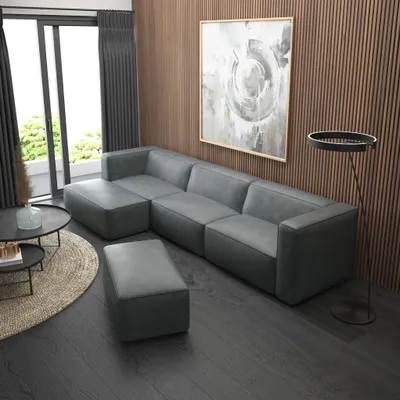 Productafbeelding van Designbank HELMER, inclusief hocker, bekleed met stof Pola in donkergrijs. Ottomaan links