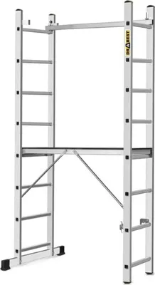 A silver aluminum scaffolding with a platform, shown against a white background.