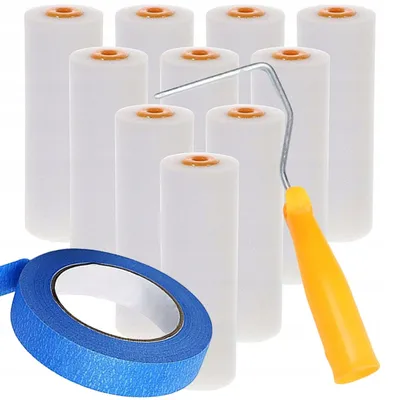 Imagen del producto de Set de Pintura – 10 Rodillos de Espuma 10 cm + Mango + Cinta 40 mm | Alta Precision | Para Pinturas y Barnices