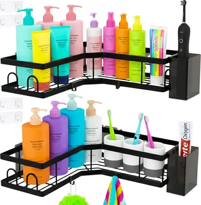 Produktbild von Eck-Duschregal 2er Set ohne Bohren Ruhhy – Schwarze Badezimmer-Eckablage im Loft-Stil, Selbstklebend, Duschablage für Shampoo & Badaccessoires