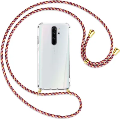 Produktbild von Handykette Backcover-Schutzhülle mit Band (Metall goldfarben) für Xiaomi Redmi Note 8 Pro - weinrot/gelb/grau