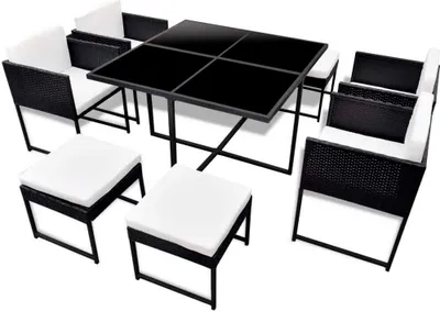 Produktbild von 9-tlg. Garten-Essgruppe mit Auflagen Poly Rattan Schwarz