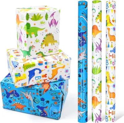 Obrázok produktu pre Dinosaurus baliaci papier 3 rolky 43x3m Happy Birthday na opakované použitie