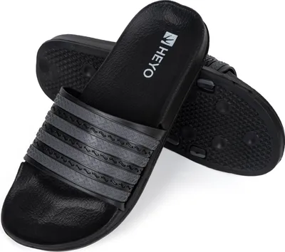 Produktbild von Badeschuhe für Damen Herren leichte Eva Badelatschen HEYO Hausschuhe Gestreifte Pantoletten für Schwimmbad, Strand Schwarz-Grau 41
