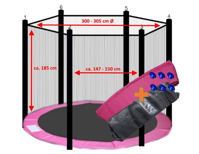Produktbild von walexo Trampolin Randabdeckung + Sicherheitsnetz für 6 Stangensystem ( 305 cm Ø, Pink/Schwarz )