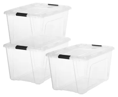 Produktbild von Iris Ohyama, Kunststoff-Aufbewahrungsbox mit Deckel, 45L, 3er-Set, Transparent, 98% recycelter Kunststoff, Verschlussclips, Griff, Stapelbar, Fürs Sch