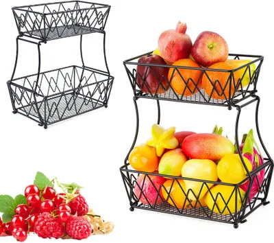 Image de 2 étages Corbeille à fruits créative Métal Amovible Carré Coupe à fruits Fer Corbeille de rangement Panier à légumes Panier à pain Organisateur de snacks Décoration (Noir)